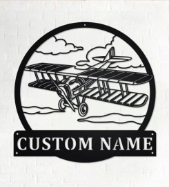 Custom Biplane Metal Wall Art, Personalized Biplane Pilot Name Sign Decoration