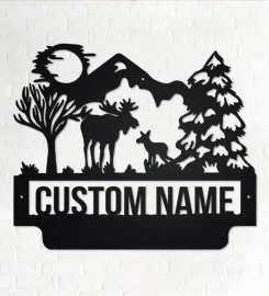 Custom Moose Family Metal Wall Art, Personalized Moose Family Name Sign Decor