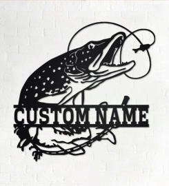 Custom Pike Fish Metal Wall Art, Personalized Pike Fish Name Sign Decoration