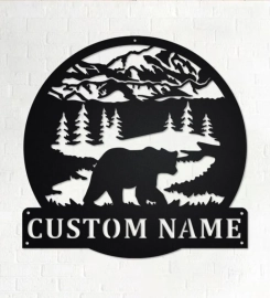 Custom Rustic Bear Mountain Scene Metal Wall Art, Personalized Bear Name Sign Decor