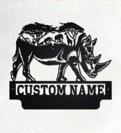 Custom Safari Rhino Metal Wall Art, Personalized Rhino Name Sign Decoration