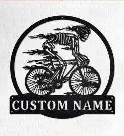 Custom Skull Bicycle Metal Wall Art, Personalized Skull Bicycle Name Sign Decorate