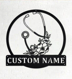 Custom Stethoscope Floral Metal Wall Art, Personalized Stethoscope Name Sign